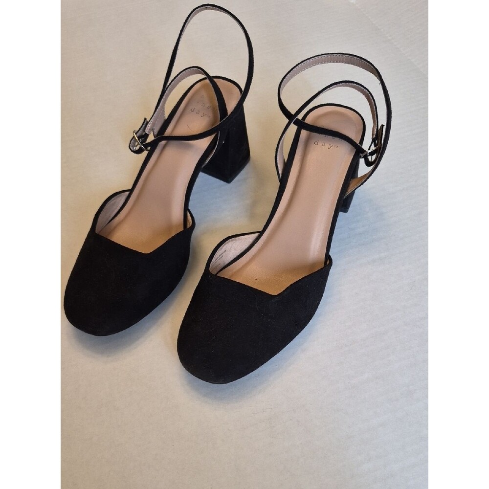 A New Day Black Suede Ankle Strap Block Heels Classic Pumps Size 9